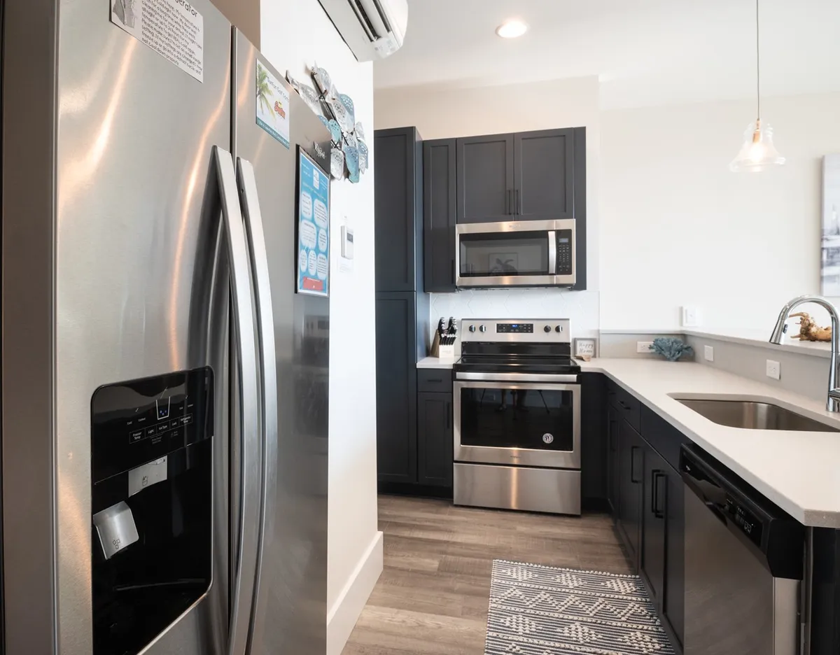 A contemporary kitchen featuring gleaming stainless steel appliances, dark cabinetry, a spacious countertop with a sink, and a decorative rug. The space is clearly designed for both everyday cooking and entertaining, with modern touches and plenty of workspace.